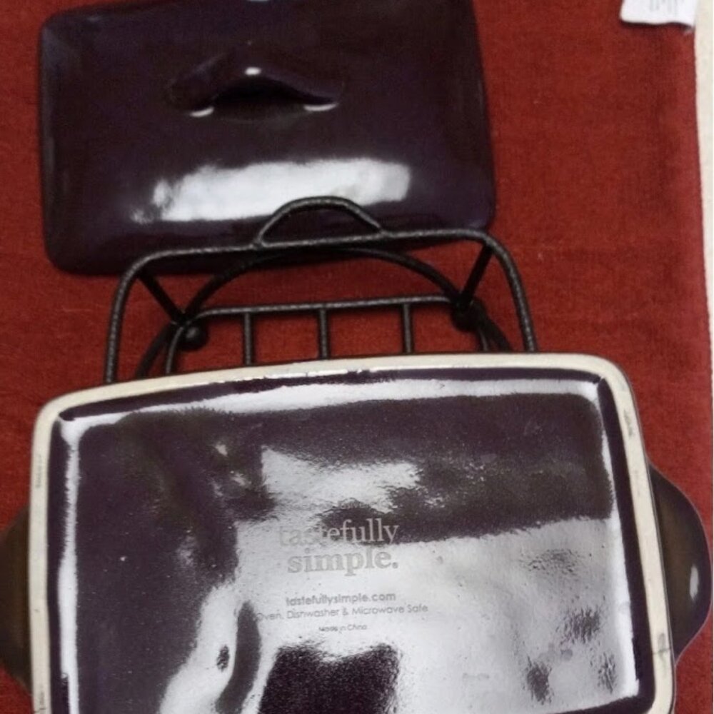 Tastefully Simple Dip Crock Bowl/ Lid Metal Stand Eggplant Serving Dish